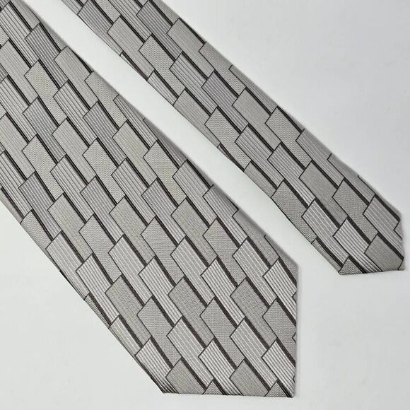 PHILIPPE ERTU JAPAN SILK TIE GRAY CREAM SATIN CITY SKYLINE GEOMETRIC 3.75" X 56" - Picture 1 of 2